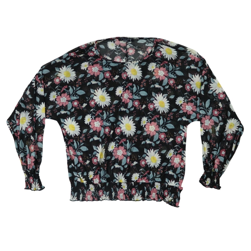 A Love Story Floral Mesh Blouse XL Black Daisy Print Smocked Hem Long Sleeve